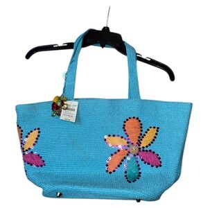 Coldwater Creek Turquoise Floral Woven Tote Bag Purse Beaded Sequin Flowers NWT